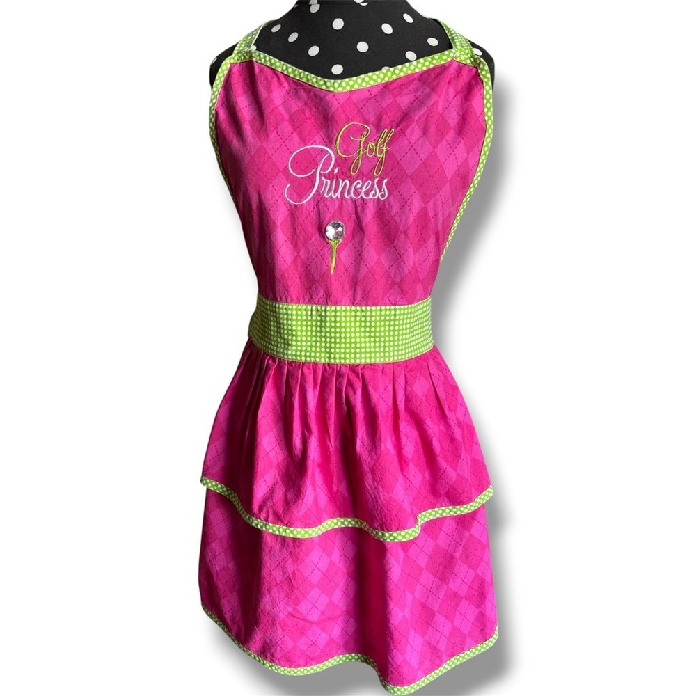 Design Golf Princess Pink Argyle Cotton Apron Green Polka Dot Ruffle Embroidered